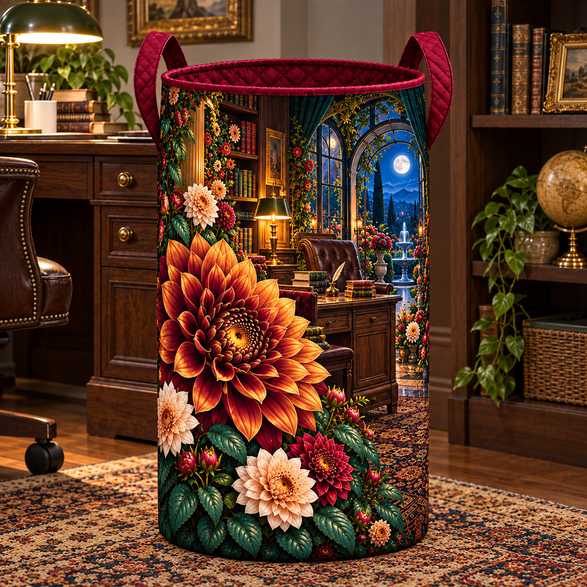 Dahlia Study Atrium Laundry Hamper with printed optical 3D artwork in its use setting