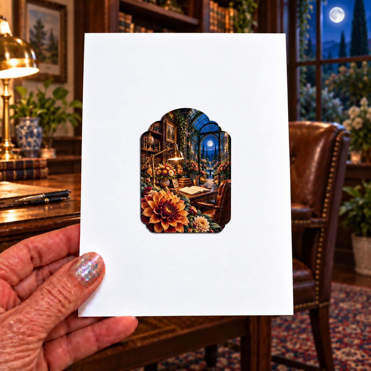 Dahlia Study Atrium Acrylic Refrigerator Magnet with printed optical 3D artwork in its use setting