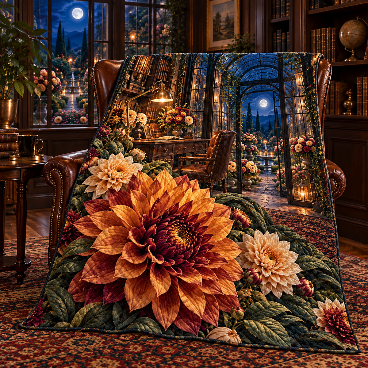 Dahlia Study Atrium Quilt Blanket with printed optical 3D artwork in its use setting