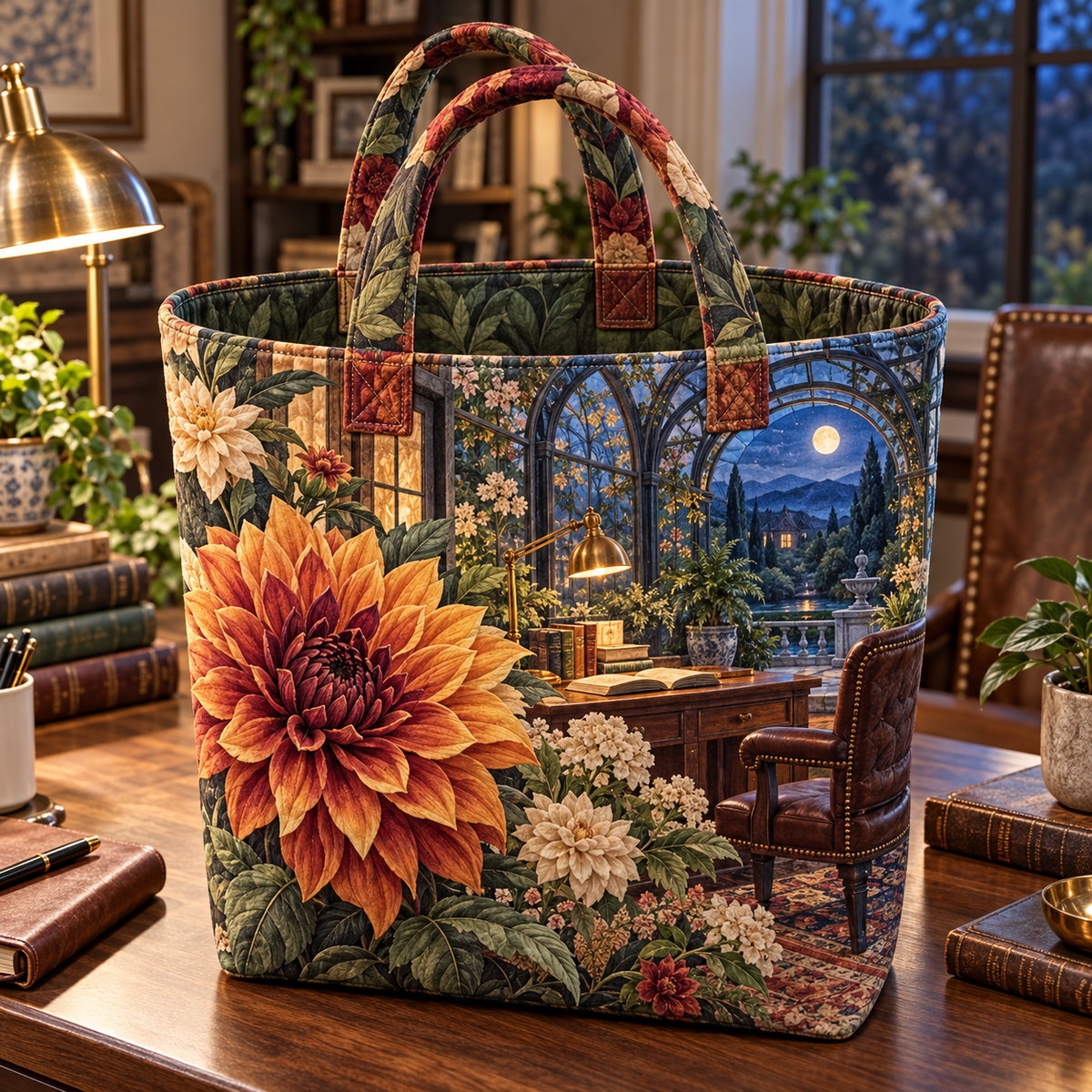 Dahlia Study Atrium Quilted Tote Bag with printed optical 3D artwork in its use setting