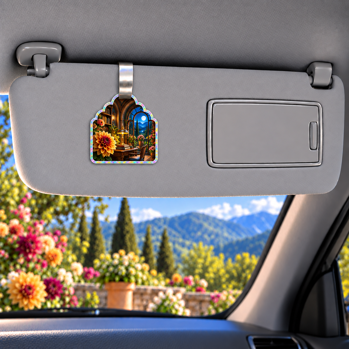 Dahlia Study Atrium Holographic Car Visor Clip with printed optical 3D artwork in its use setting