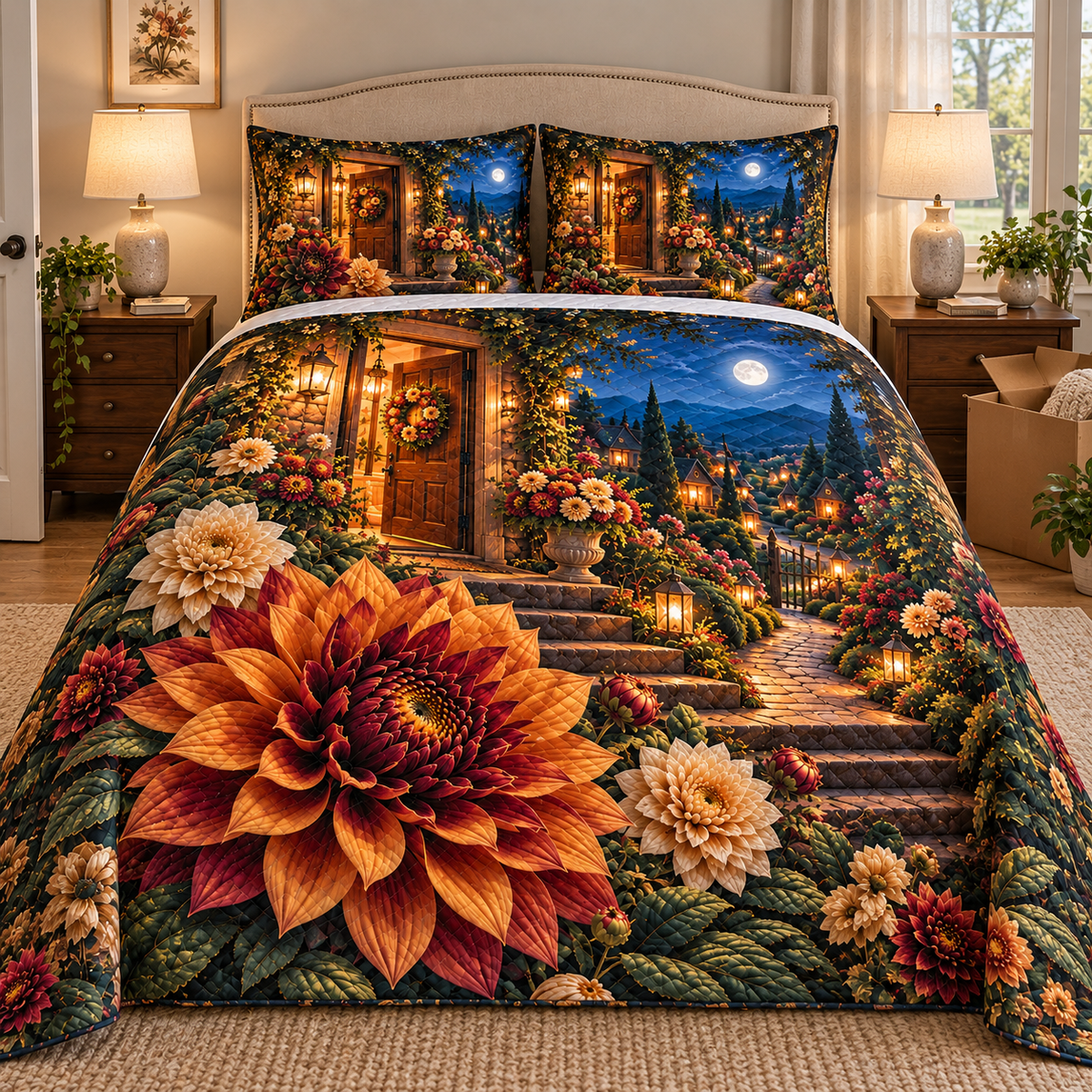 Dahlia Welcome Home Quilted Bedding Set with printed optical 3D artwork in its use setting