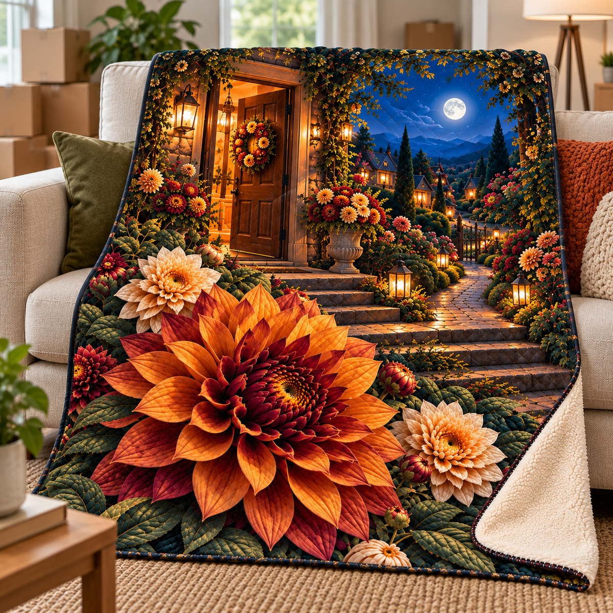 Dahlia Welcome Home Sherpa & Fleece Blanket with printed optical 3D artwork in its use setting