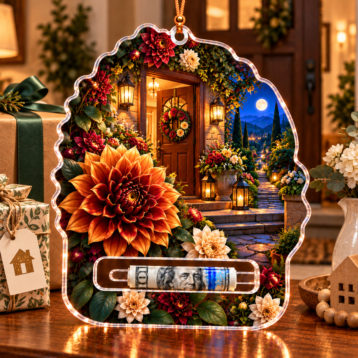 Dahlia Welcome Home Acrylic Cash Holder Ornament with printed optical 3D artwork in its use setting