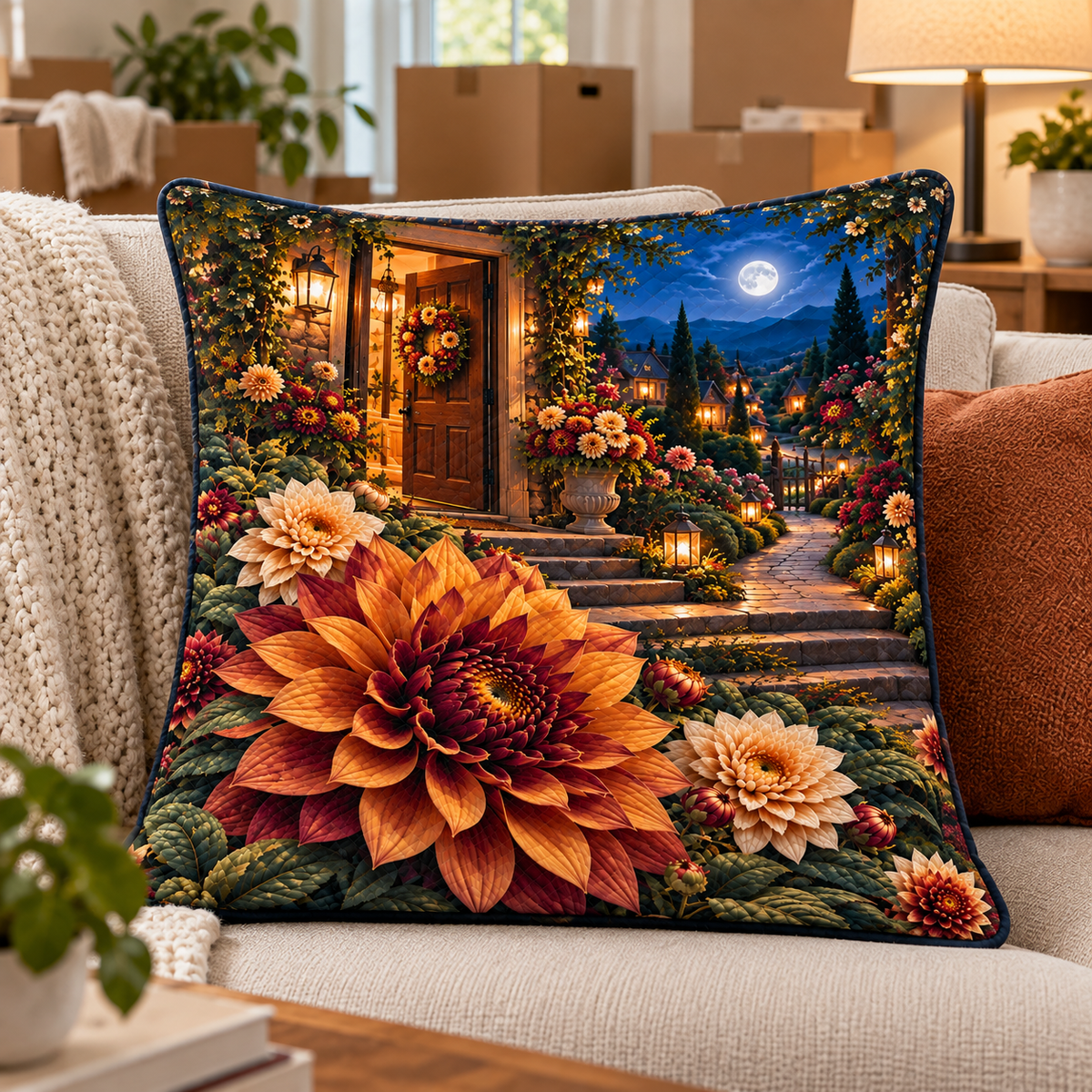 Dahlia Welcome Home Quilted Cushion Cover with printed optical 3D artwork in its use setting
