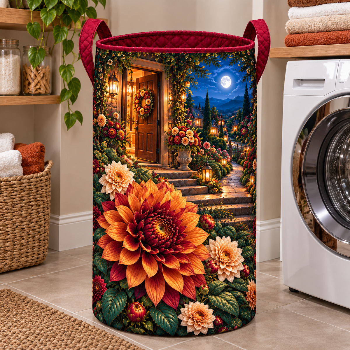 Dahlia Welcome Home Laundry Hamper with printed optical 3D artwork in its use setting