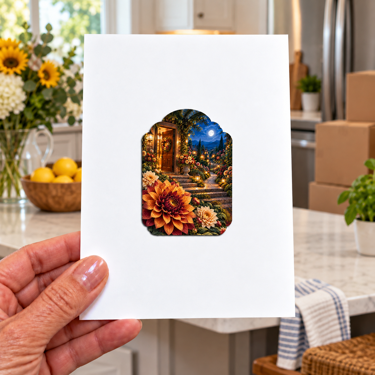 Dahlia Welcome Home Acrylic Refrigerator Magnet with printed optical 3D artwork in its use setting