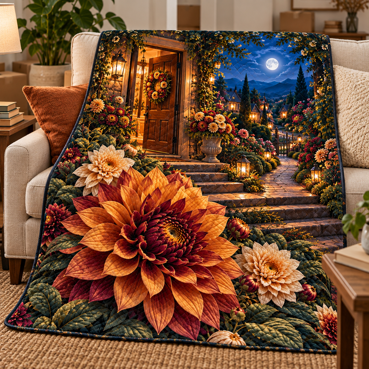 Dahlia Welcome Home Quilt Blanket with printed optical 3D artwork in its use setting
