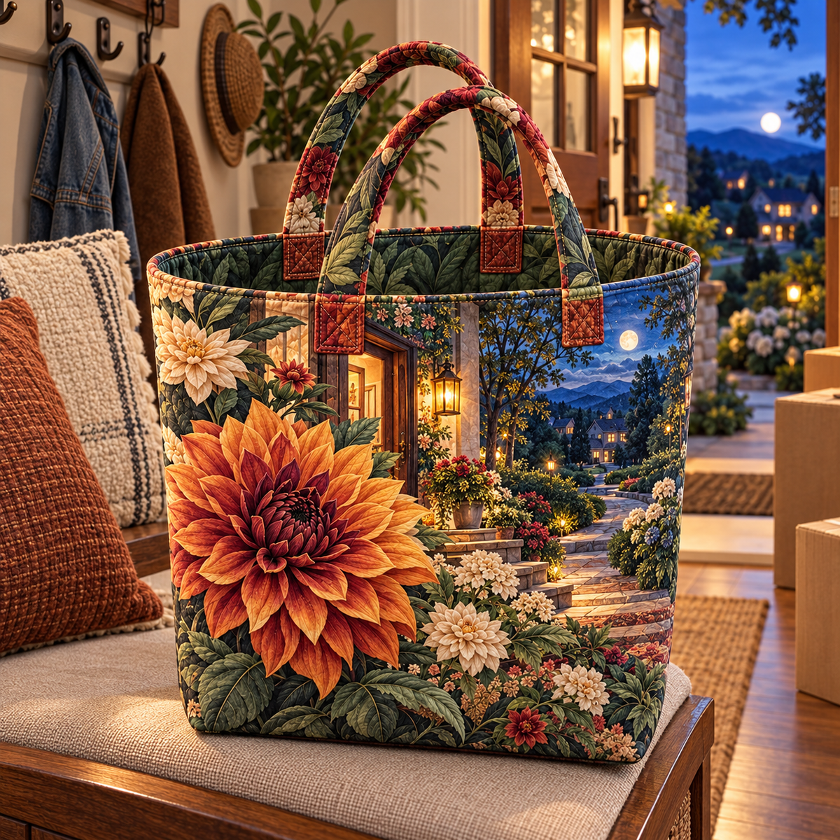 Dahlia Welcome Home Quilted Tote Bag with printed optical 3D artwork in its use setting