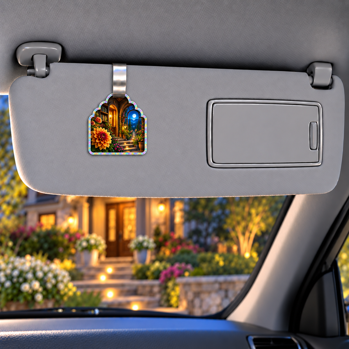 Dahlia Welcome Home Holographic Car Visor Clip with printed optical 3D artwork in its use setting