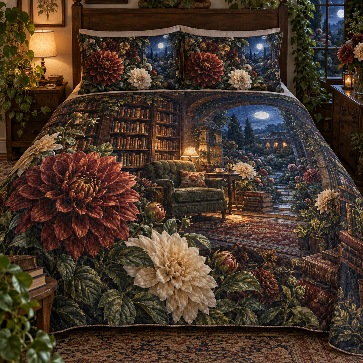 Dahlia Reading Nook Quilted Bedding Set with printed optical 3D artwork in its use setting