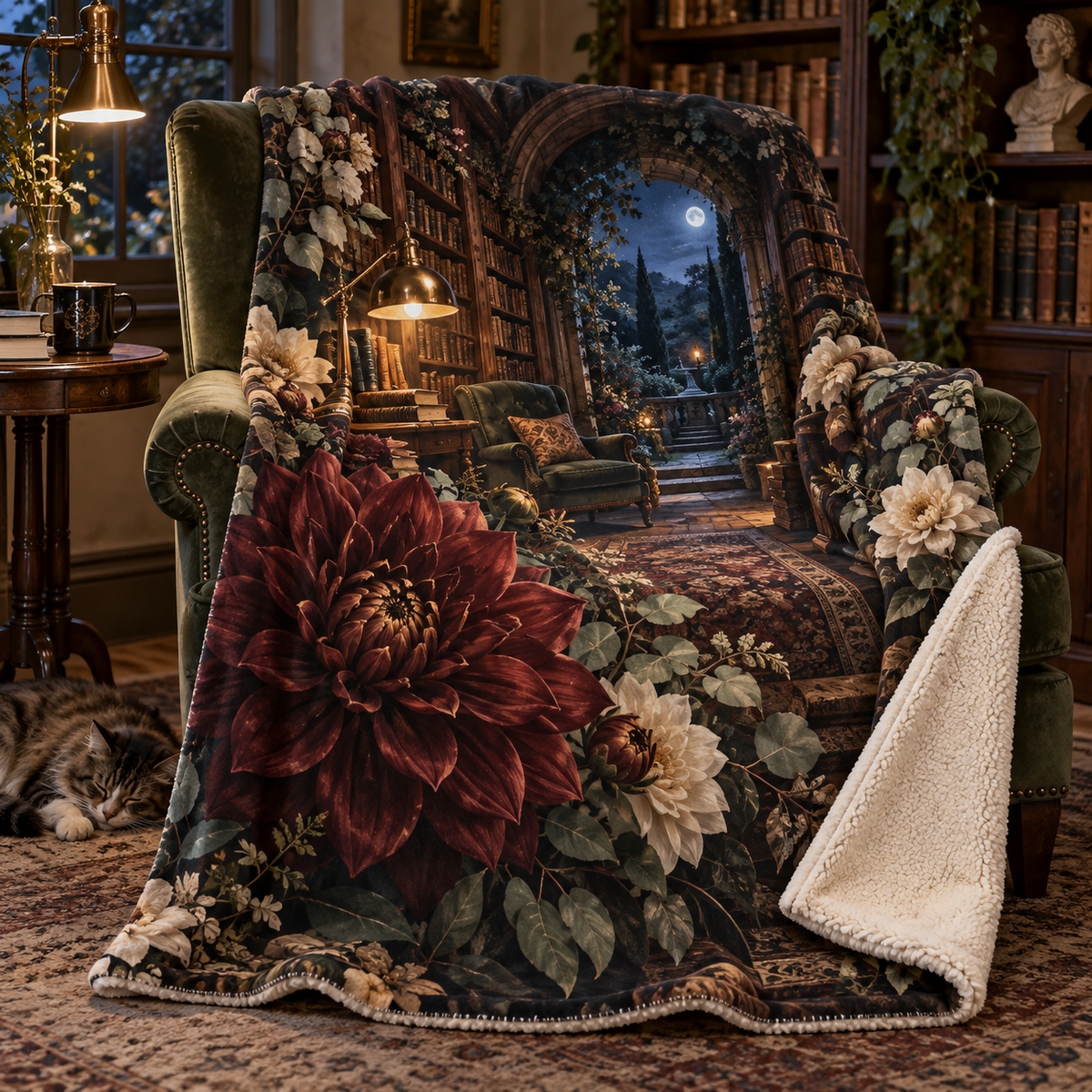 Dahlia Reading Nook Sherpa & Fleece Blanket with printed optical 3D artwork in its use setting