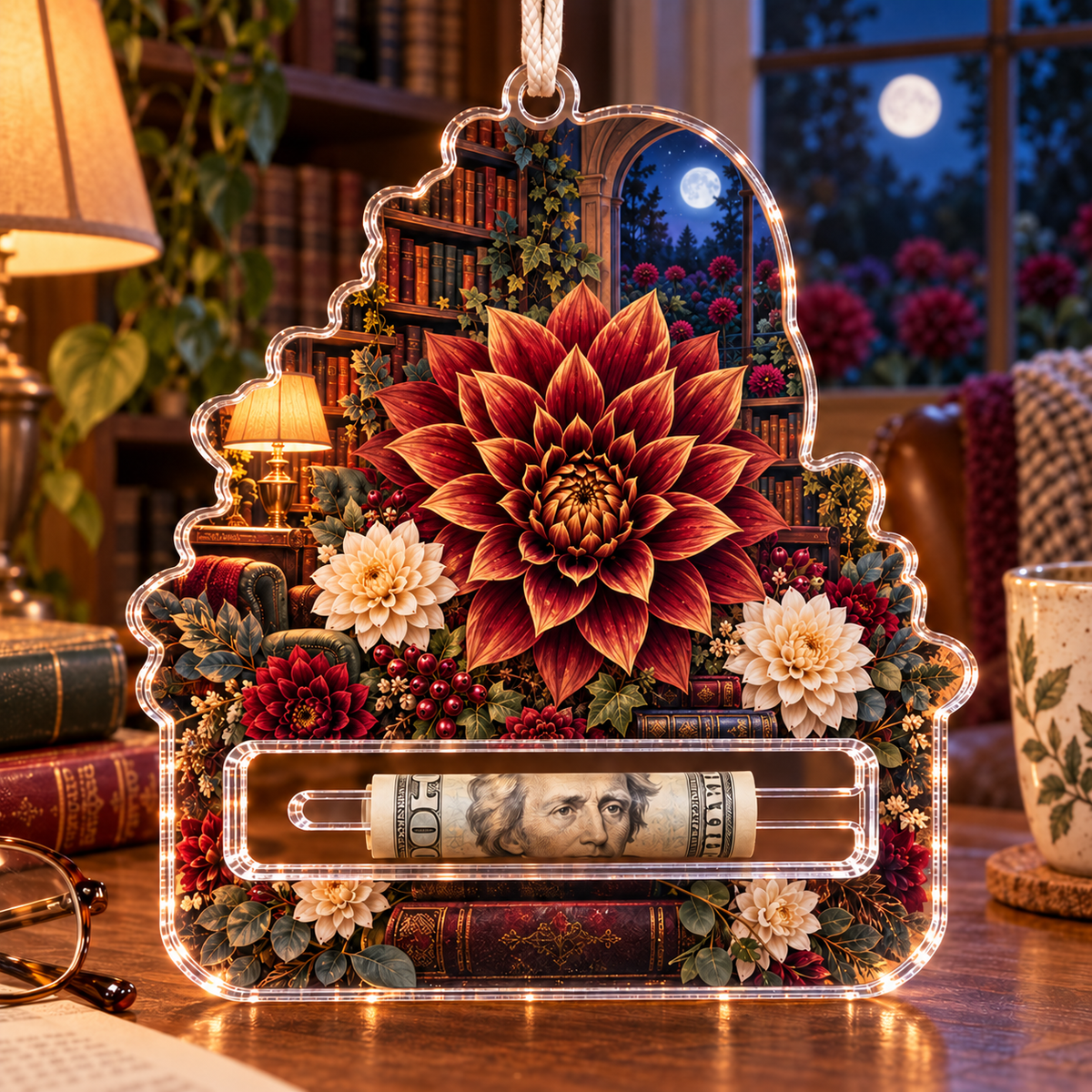 Dahlia Reading Nook Acrylic Cash Holder Ornament with printed optical 3D artwork in its use setting