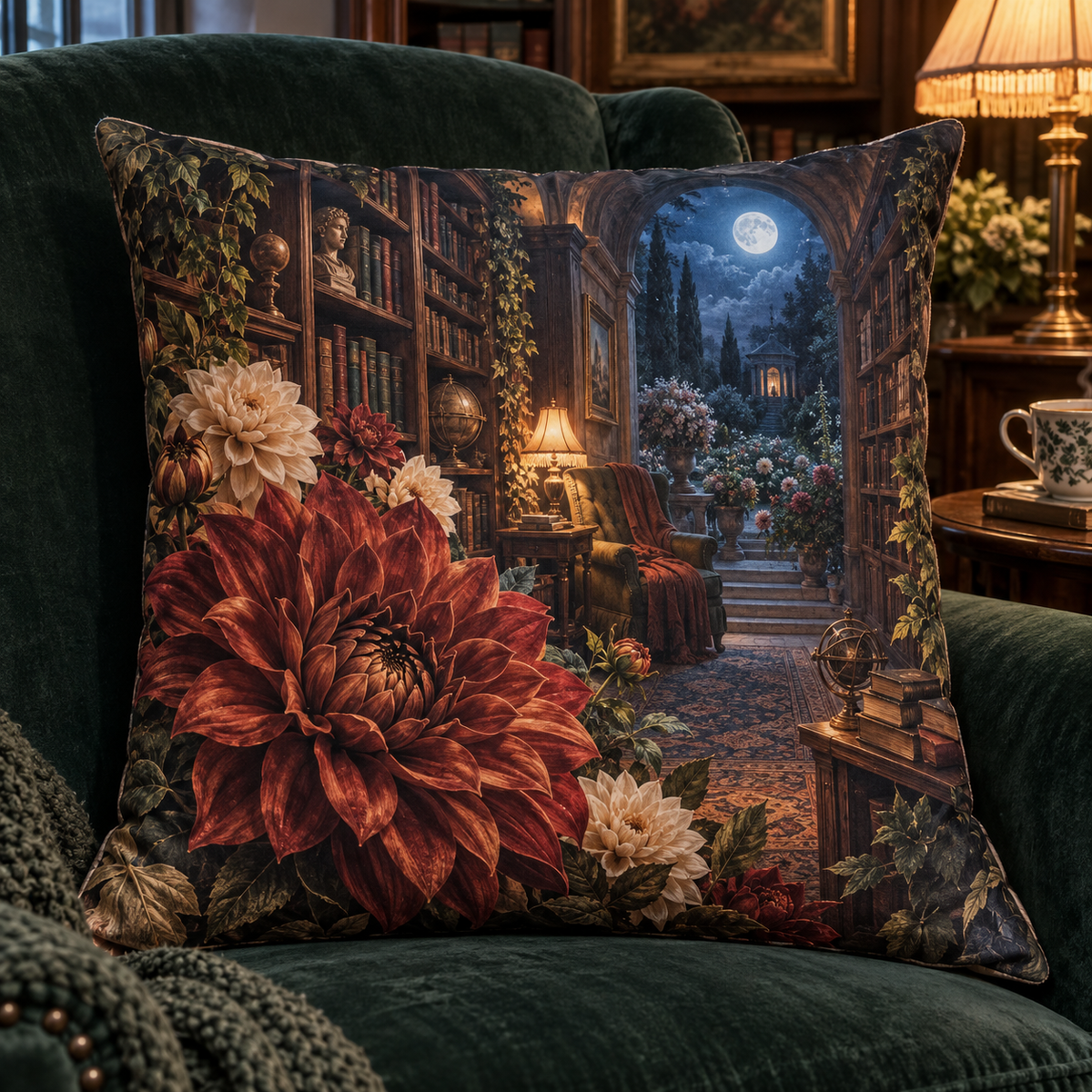 Dahlia Reading Nook Quilted Cushion Cover with printed optical 3D artwork in its use setting