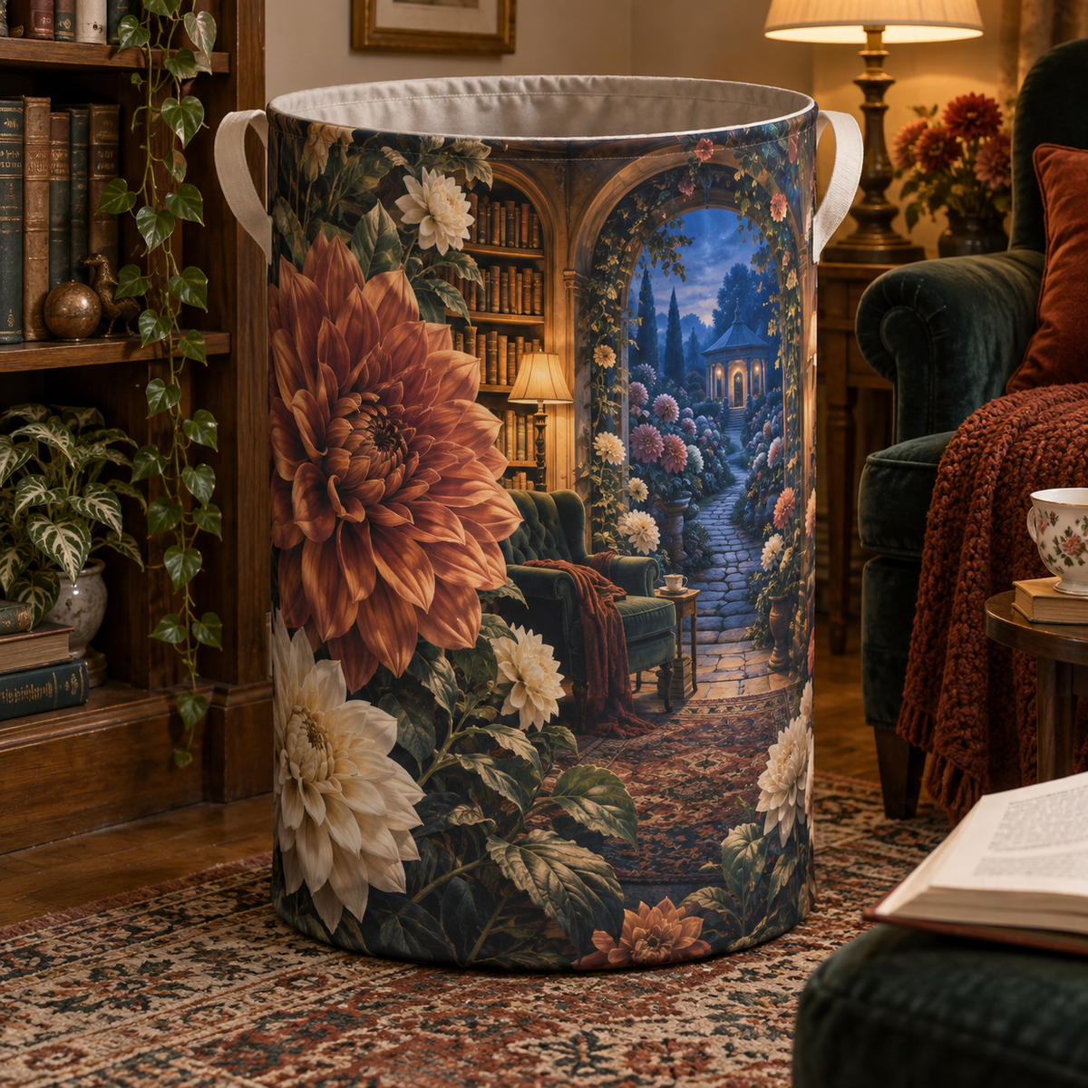 Dahlia Reading Nook Laundry Hamper with printed optical 3D artwork in its use setting