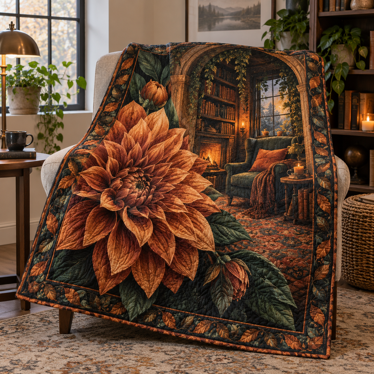 Dahlia Reading Nook Quilt Blanket with printed optical 3D artwork in its use setting