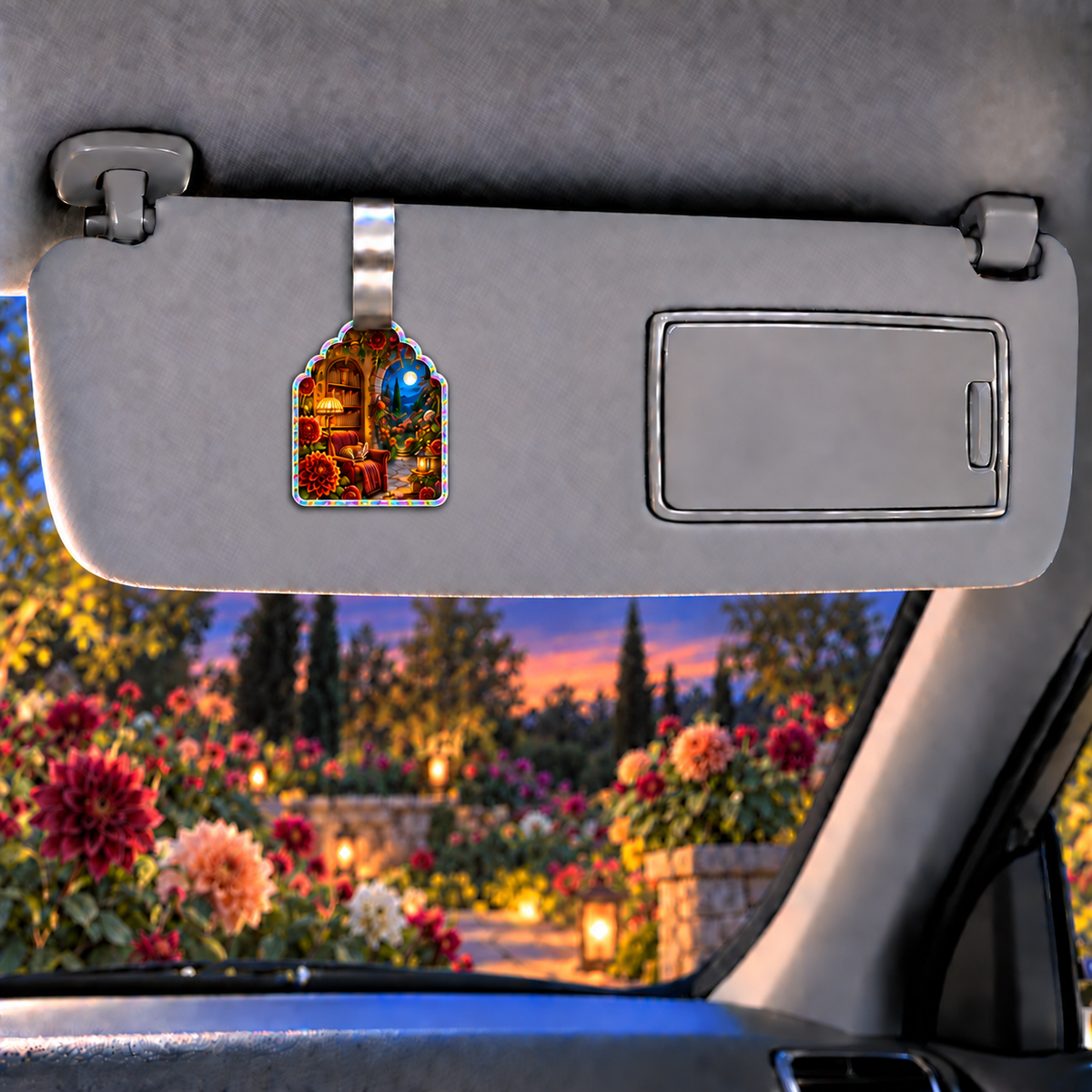 Dahlia Reading Nook Holographic Car Visor Clip with printed optical 3D artwork in its use setting