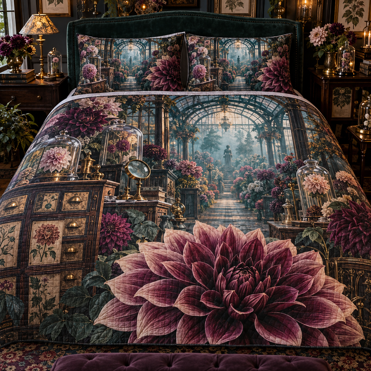 Dahlia Curator Cabinet Quilted Bedding Set with printed optical 3D artwork in its use setting