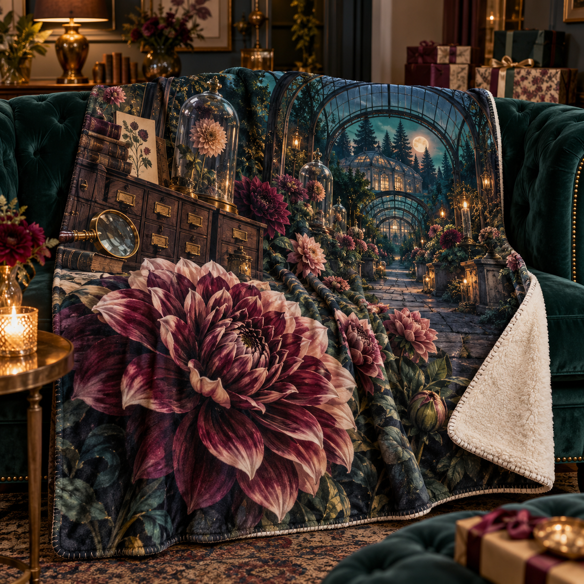 Dahlia Curator Cabinet Sherpa & Fleece Blanket with printed optical 3D artwork in its use setting