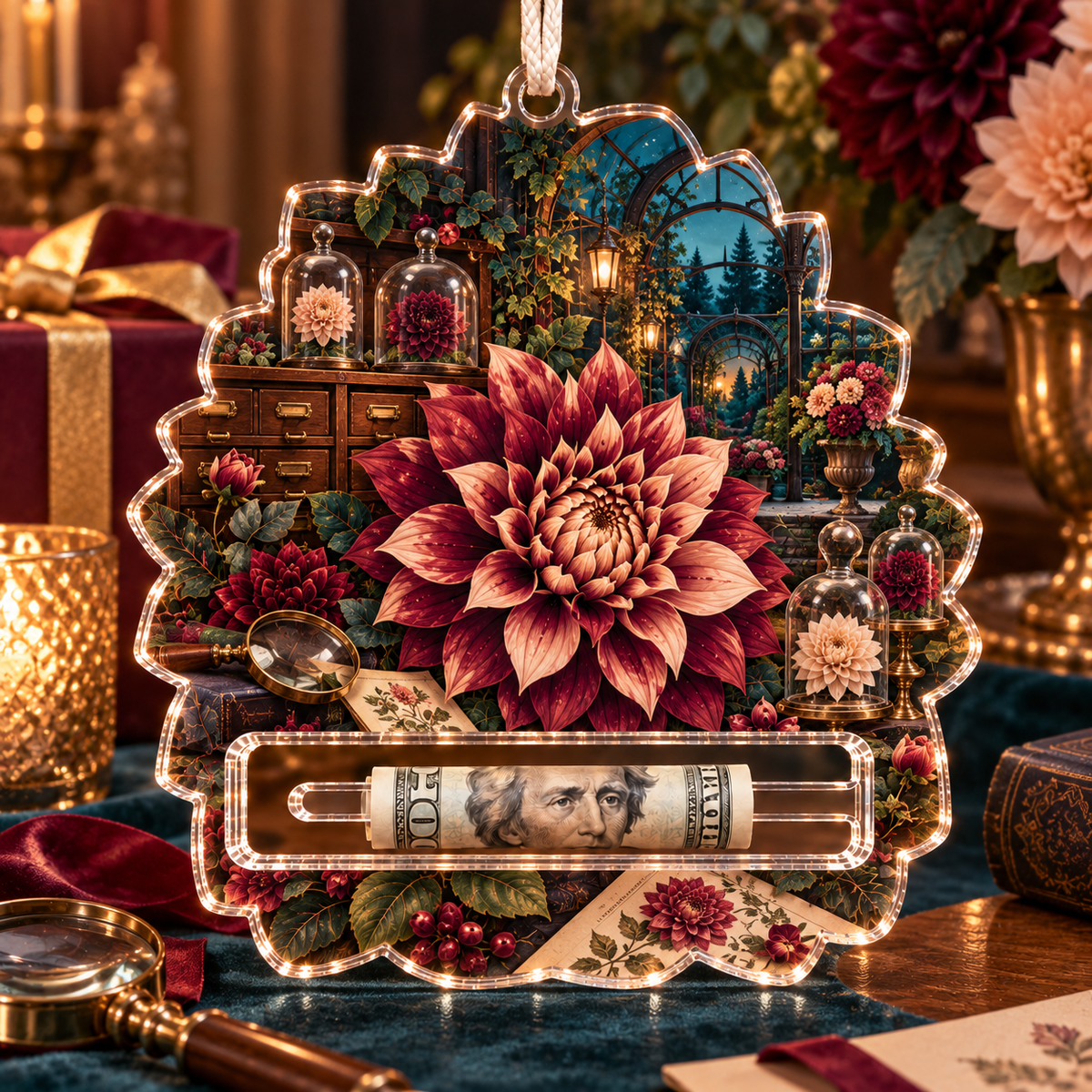 Dahlia Curator Cabinet Acrylic Cash Holder Ornament with printed optical 3D artwork in its use setting