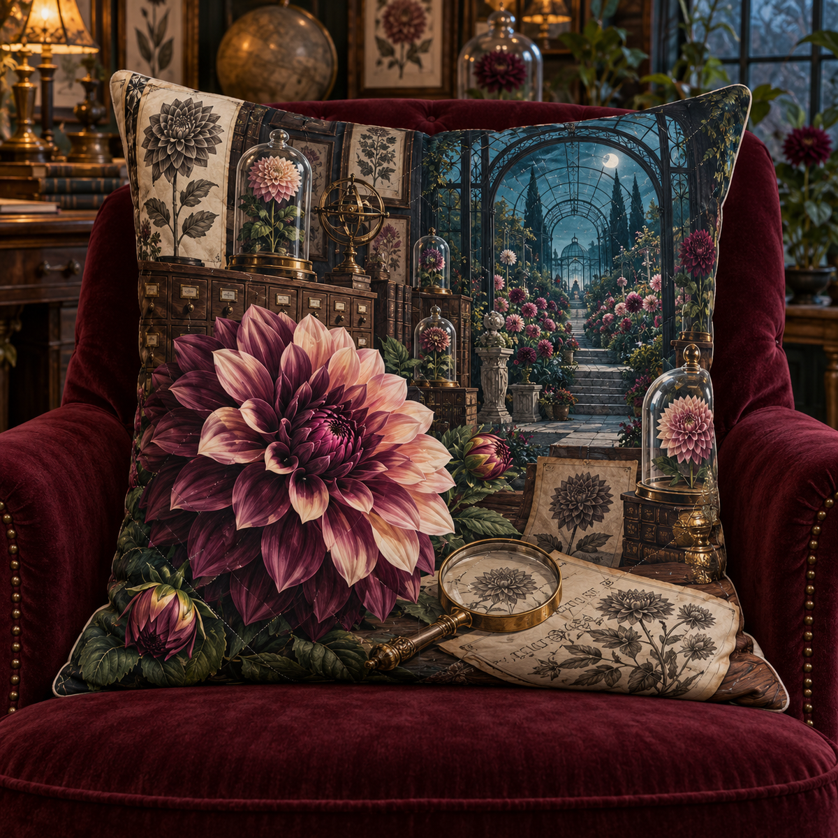 Dahlia Curator Cabinet Quilted Cushion Cover with printed optical 3D artwork in its use setting