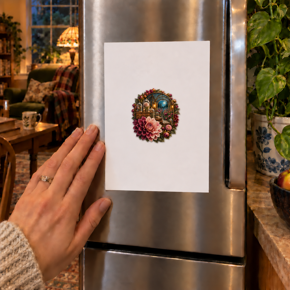 Dahlia Curator Cabinet Acrylic Refrigerator Magnet with printed optical 3D artwork in its use setting