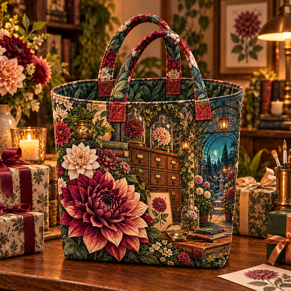 Dahlia Curator Cabinet Quilted Tote Bag with printed optical 3D artwork in its use setting