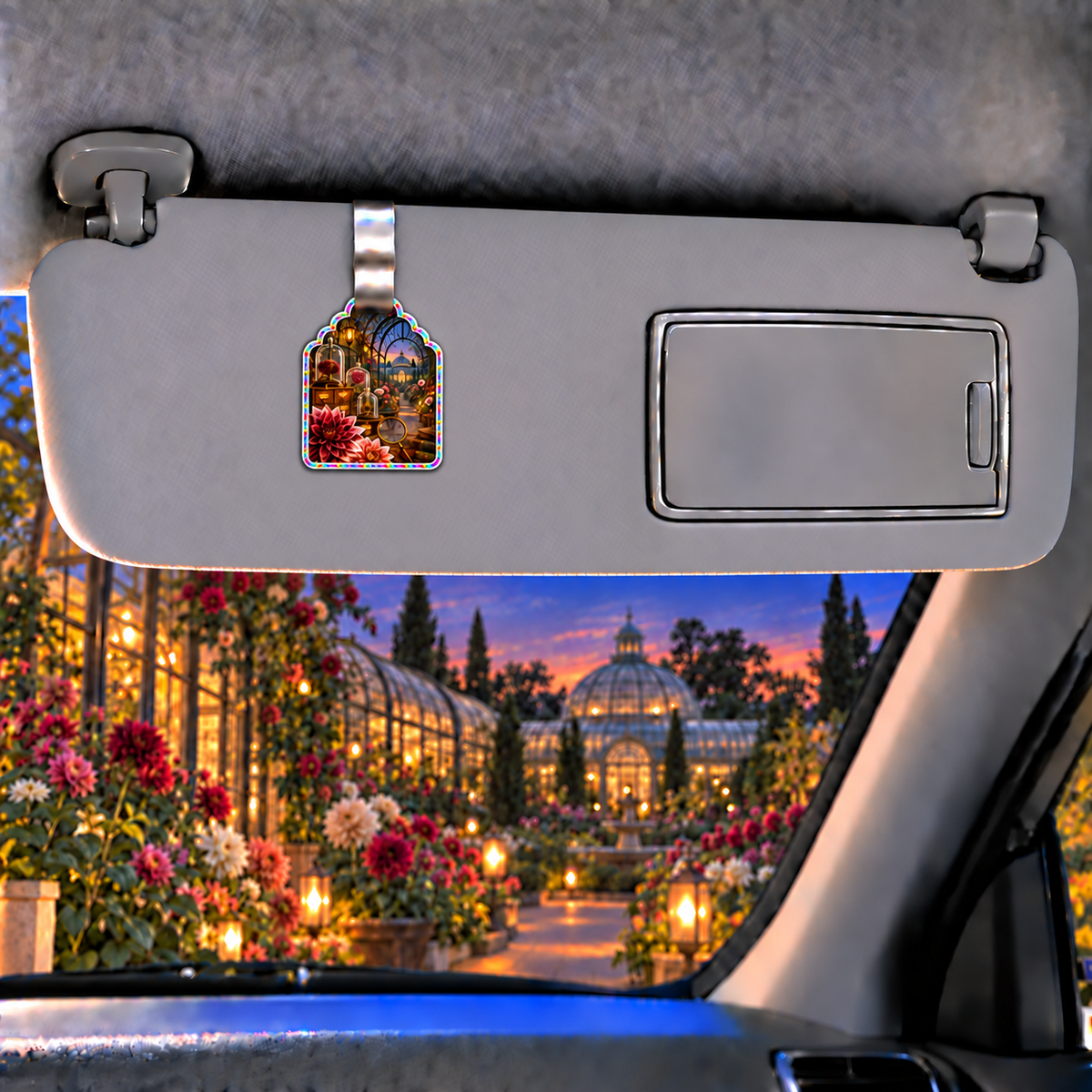 Dahlia Curator Cabinet Holographic Car Visor Clip with printed optical 3D artwork in its use setting
