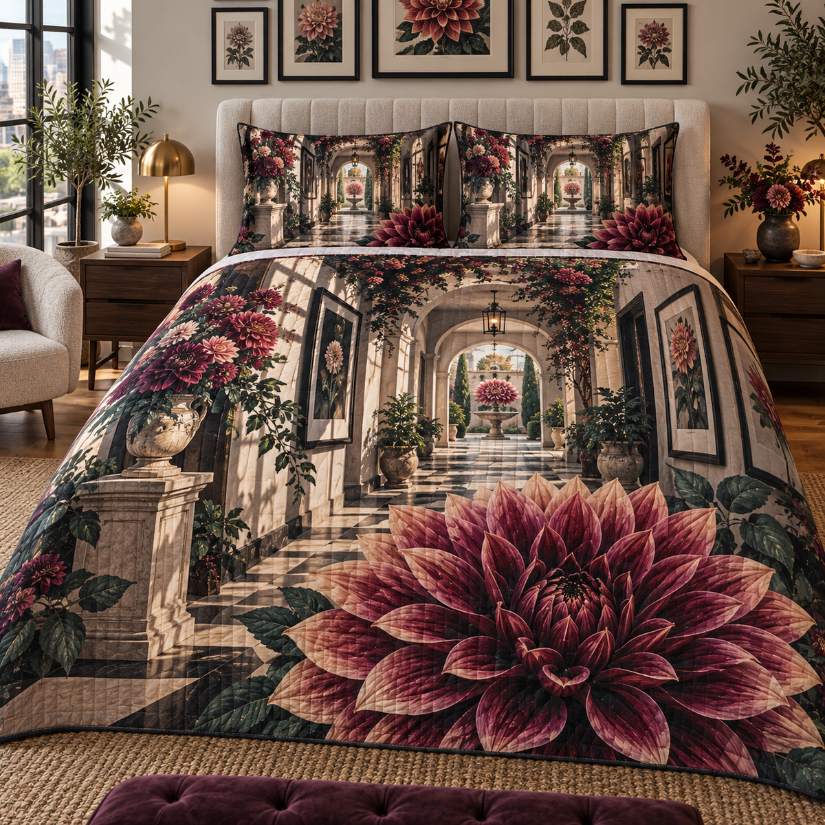 Dahlia Gallery Atrium Quilted Bedding Set with printed optical 3D artwork in its use setting