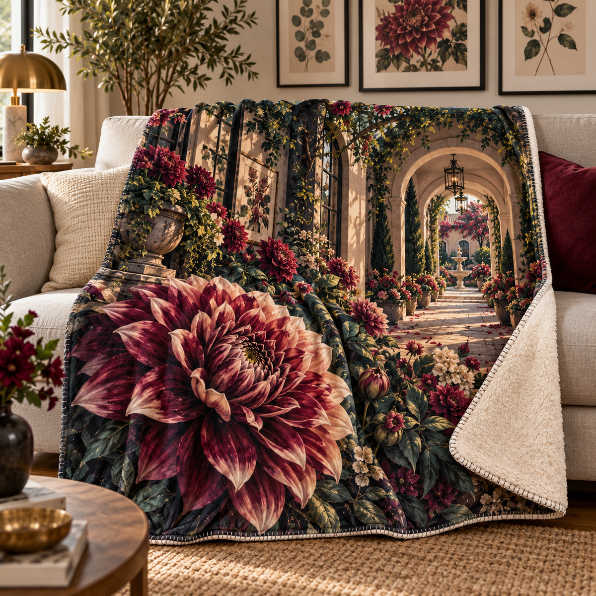 Dahlia Gallery Atrium Sherpa & Fleece Blanket with printed optical 3D artwork in its use setting