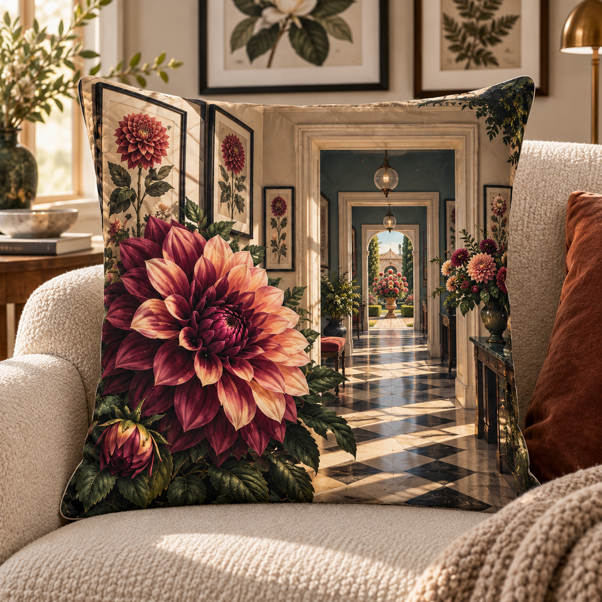 Dahlia Gallery Atrium Quilted Cushion Cover with printed optical 3D artwork in its use setting