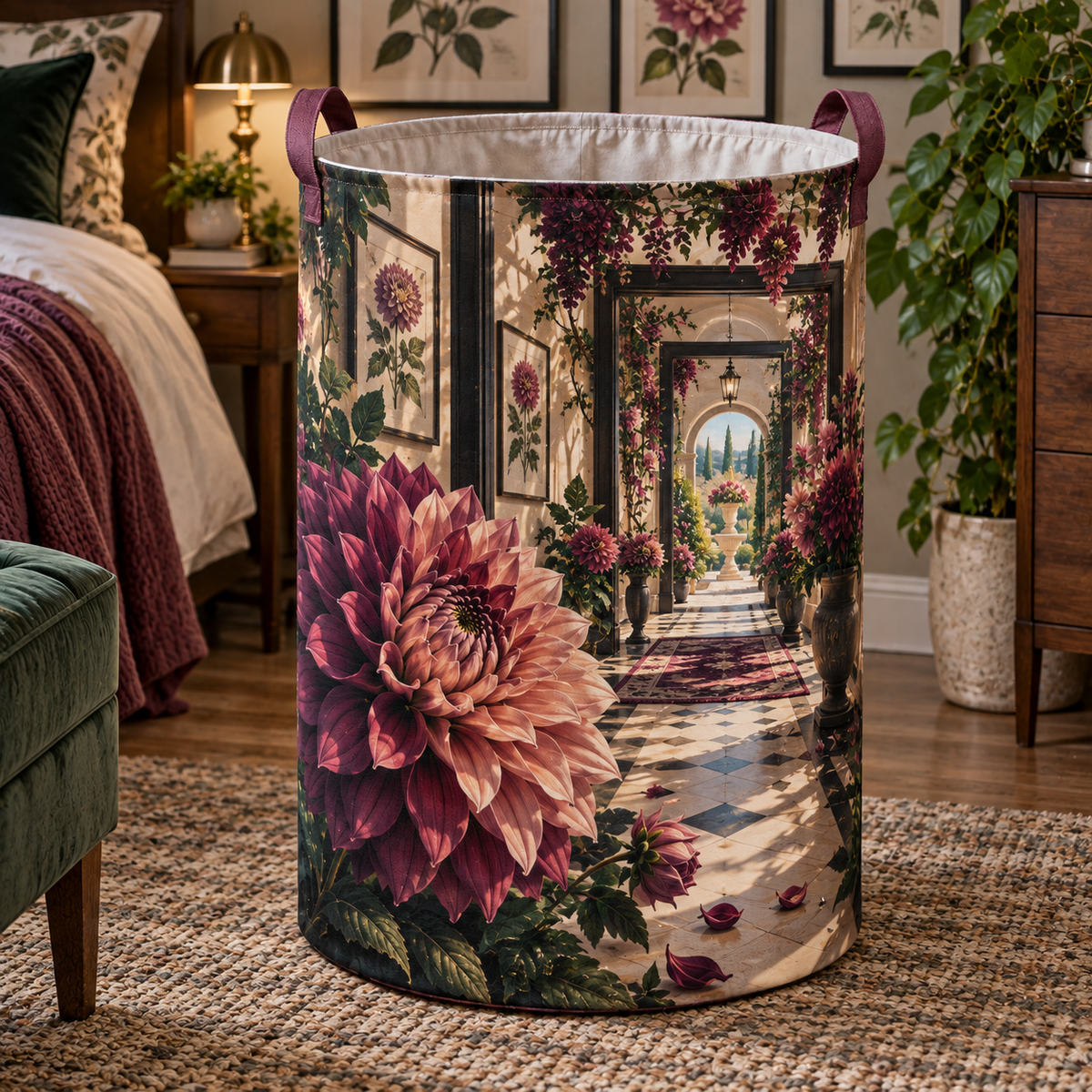 Dahlia Gallery Atrium Laundry Hamper with printed optical 3D artwork in its use setting