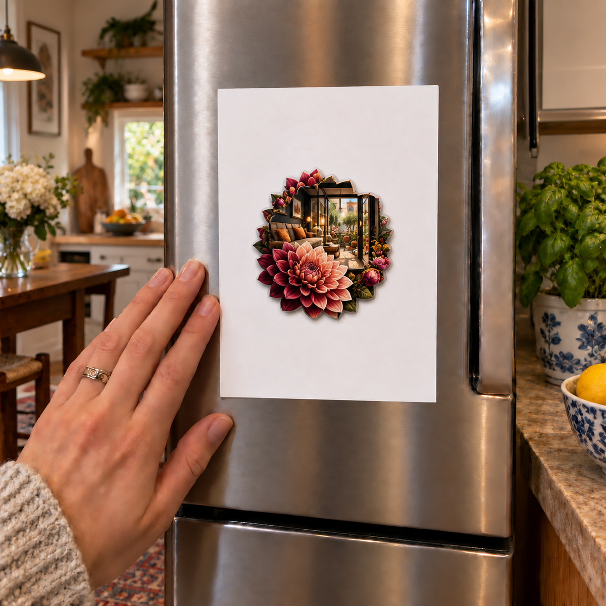 Dahlia Gallery Atrium Acrylic Refrigerator Magnet with printed optical 3D artwork in its use setting