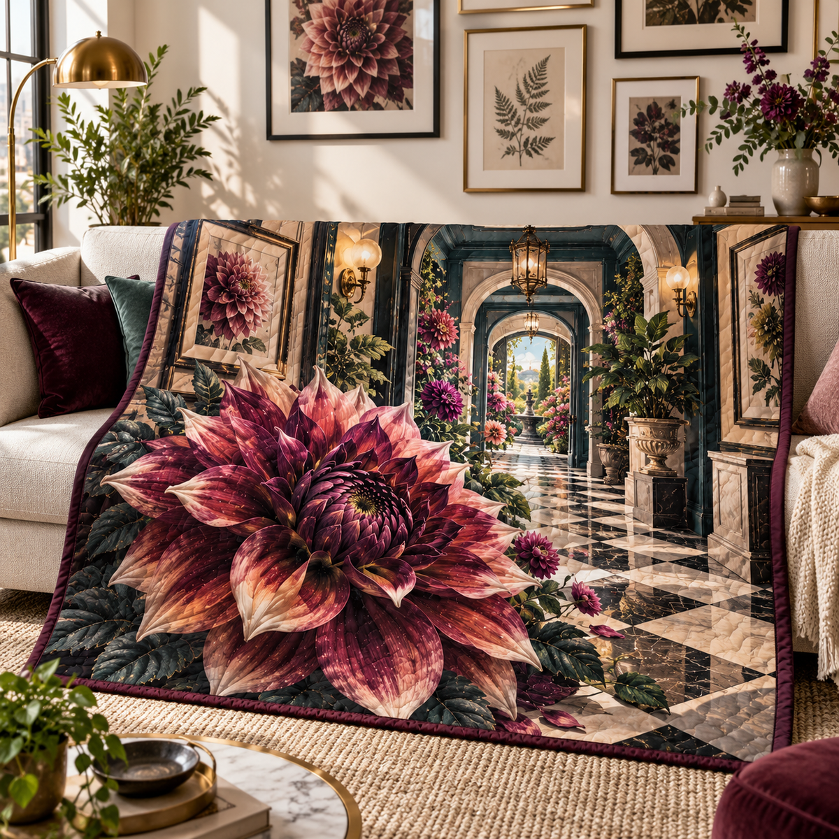Dahlia Gallery Atrium Quilt Blanket with printed optical 3D artwork in its use setting