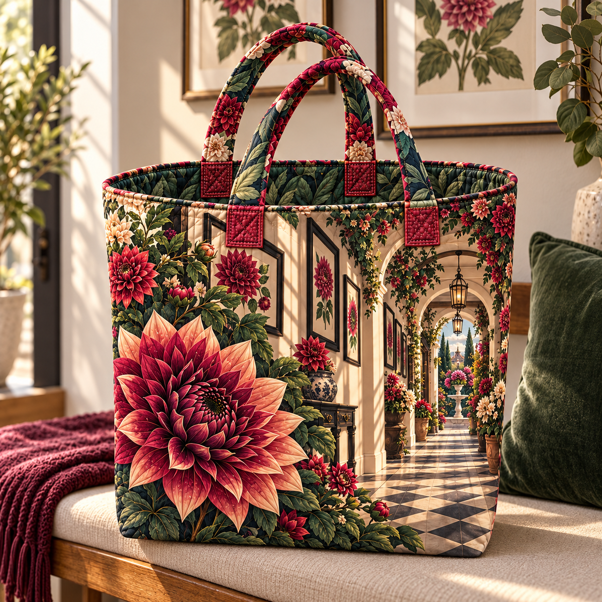 Dahlia Gallery Atrium Quilted Tote Bag with printed optical 3D artwork in its use setting