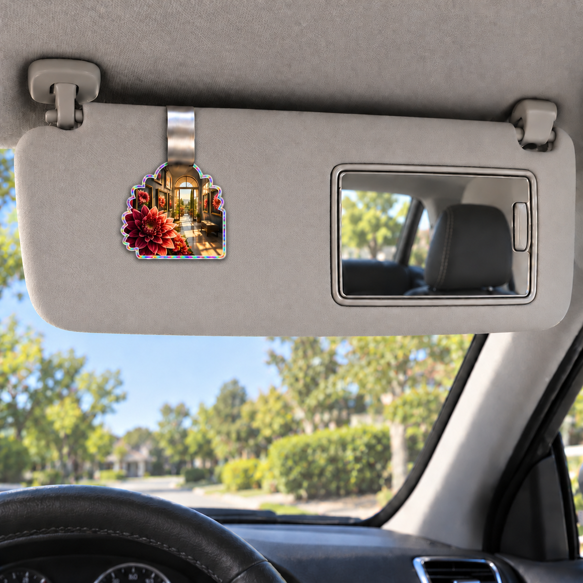 Dahlia Gallery Atrium Holographic Car Visor Clip with printed optical 3D artwork in its use setting