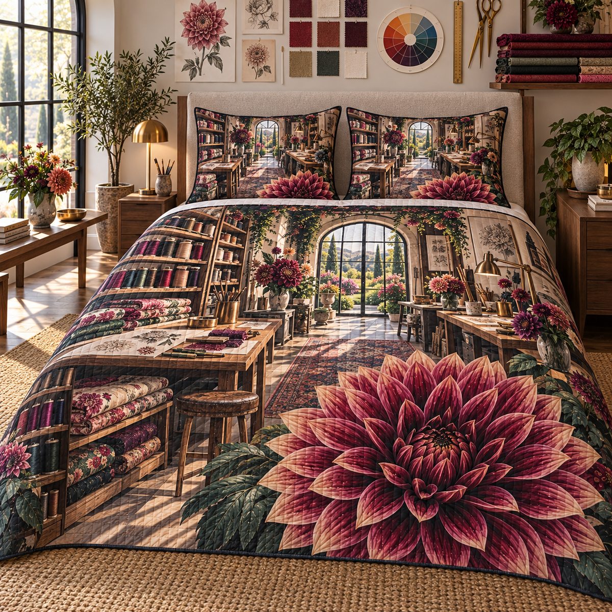 Dahlia Maker Studio Quilted Bedding Set with printed optical 3D artwork in its use setting