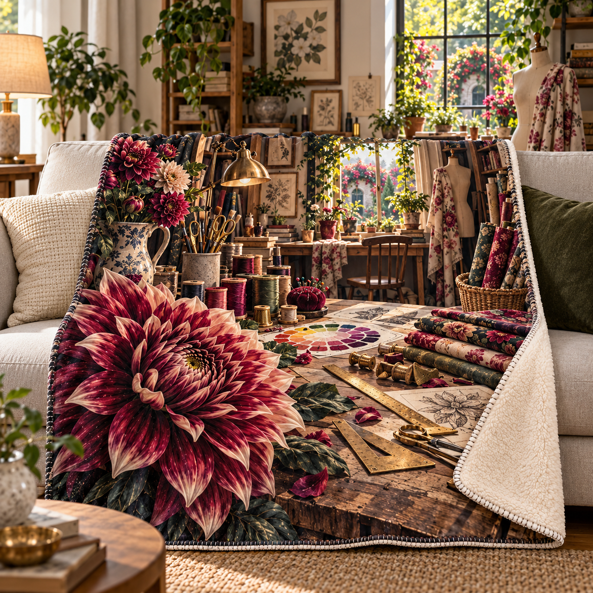 Dahlia Maker Studio Sherpa & Fleece Blanket with printed optical 3D artwork in its use setting