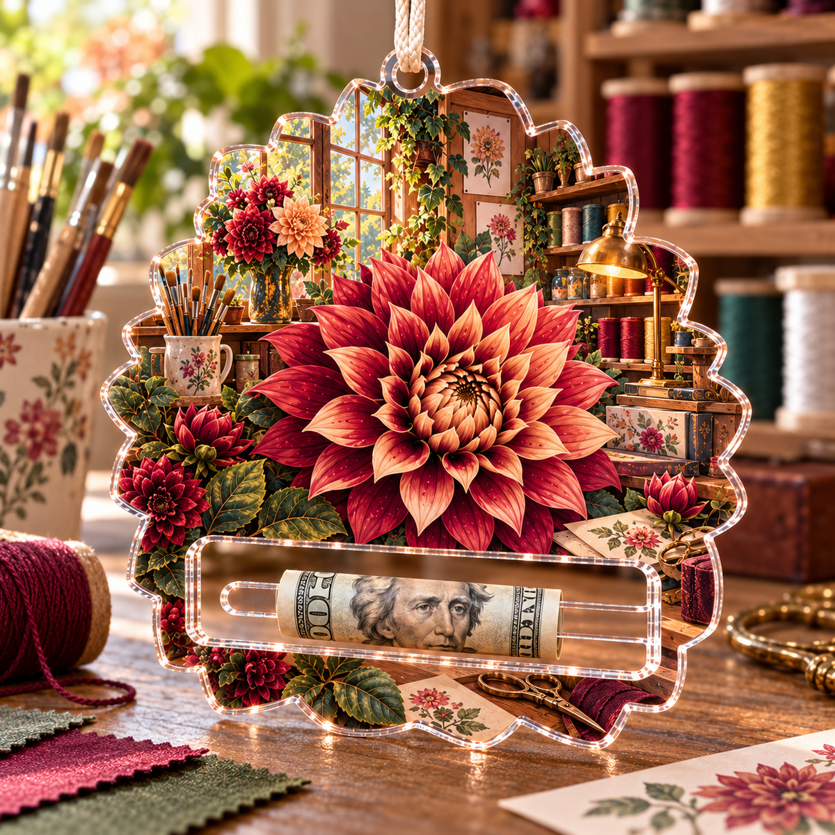 Dahlia Maker Studio Acrylic Cash Holder Ornament with printed optical 3D artwork in its use setting