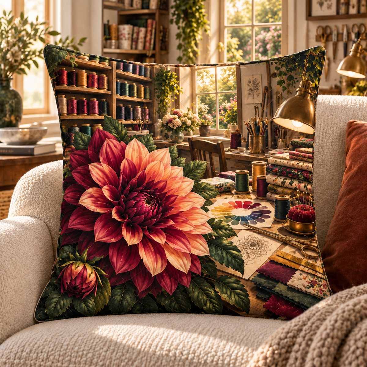 Dahlia Maker Studio Quilted Cushion Cover with printed optical 3D artwork in its use setting