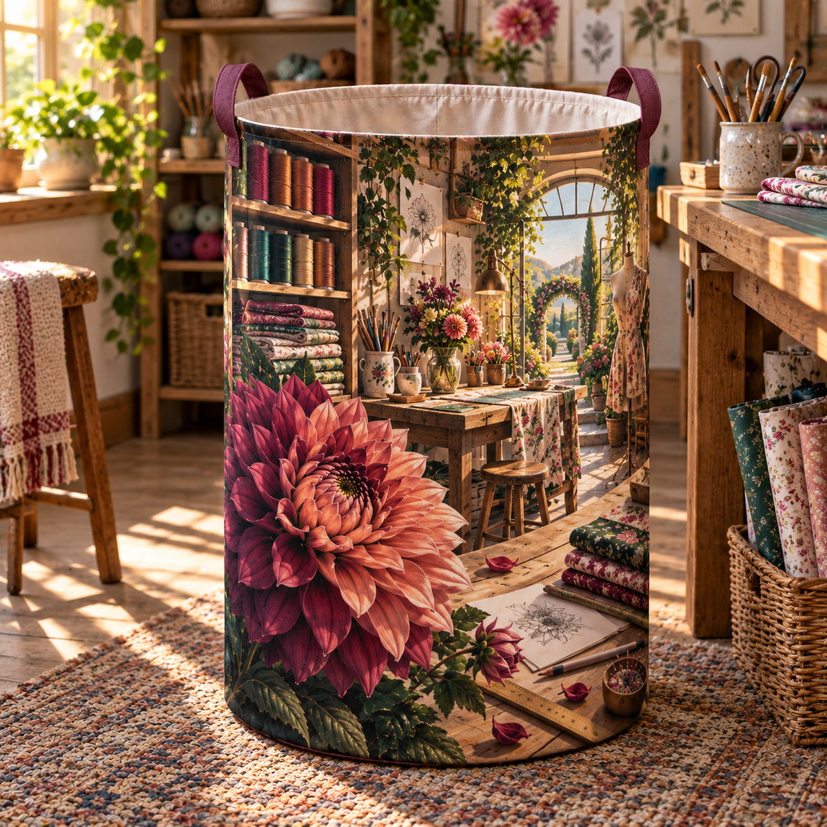 Dahlia Maker Studio Laundry Hamper with printed optical 3D artwork in its use setting