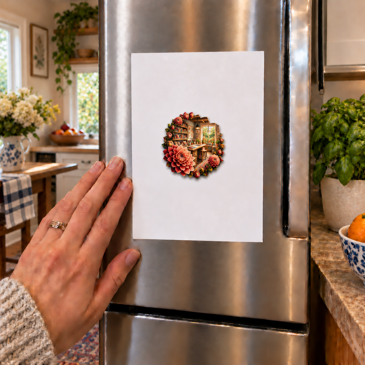 Dahlia Maker Studio Acrylic Refrigerator Magnet with printed optical 3D artwork in its use setting