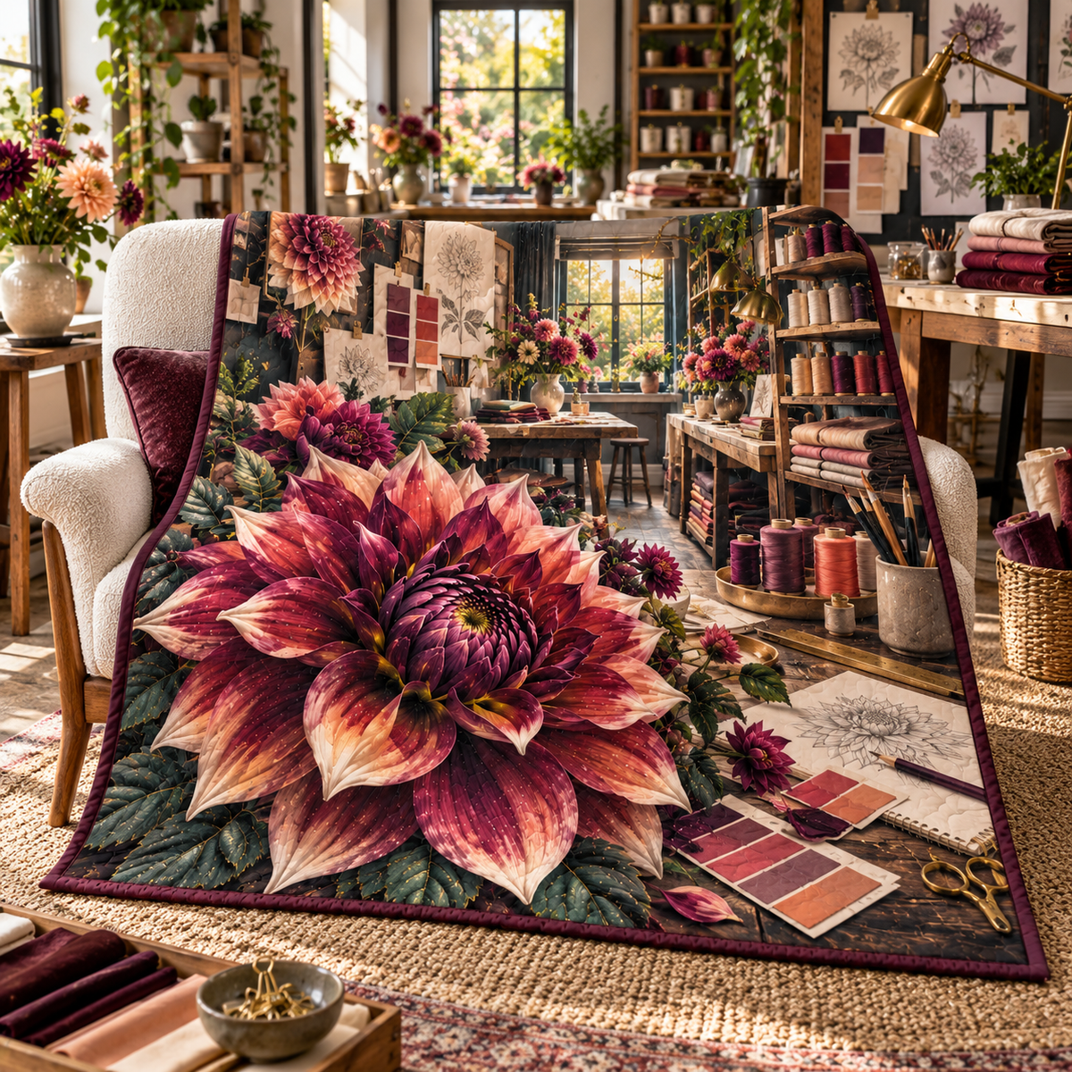 Dahlia Maker Studio Quilt Blanket with printed optical 3D artwork in its use setting