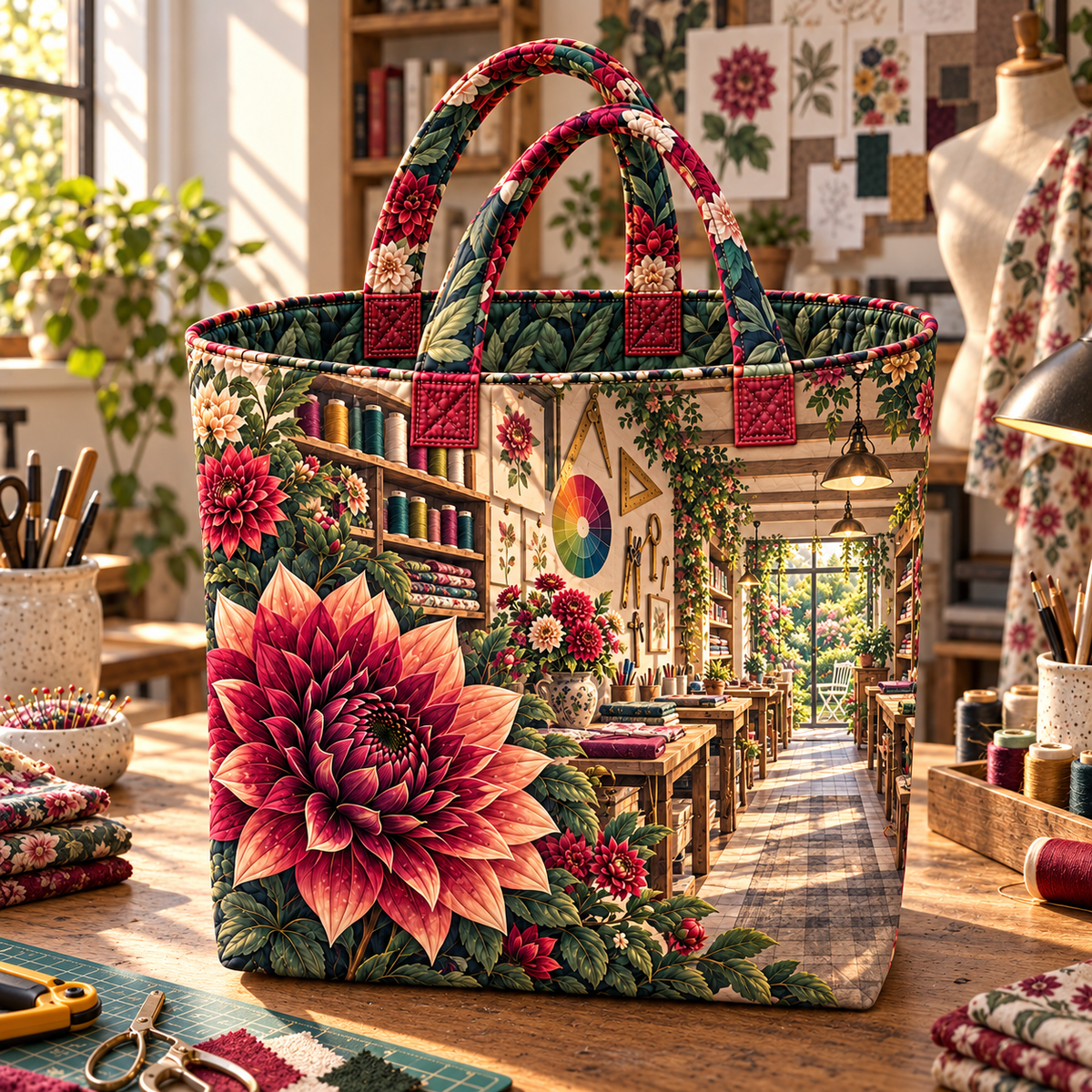 Dahlia Maker Studio Quilted Tote Bag with printed optical 3D artwork in its use setting
