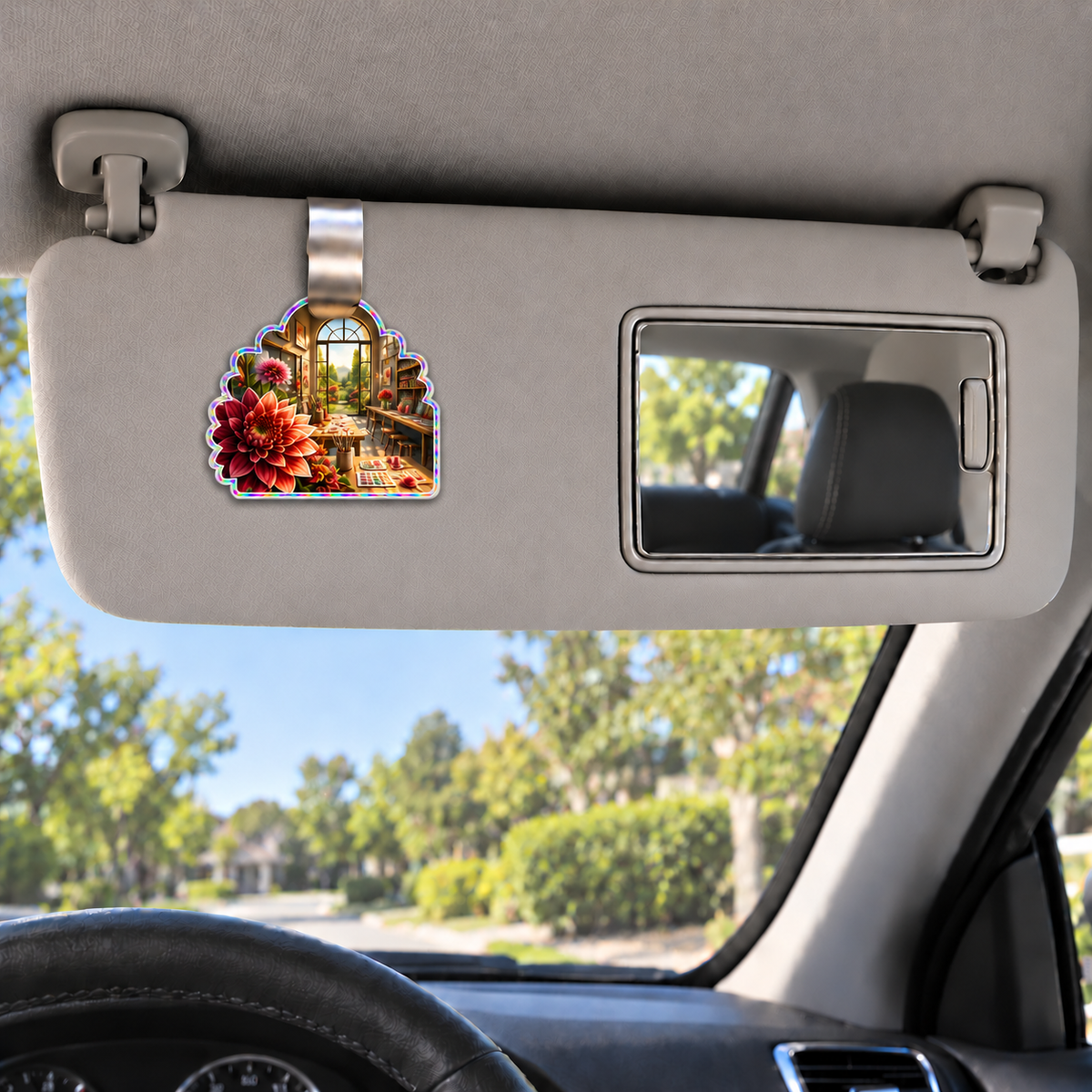 Dahlia Maker Studio Holographic Car Visor Clip with printed optical 3D artwork in its use setting