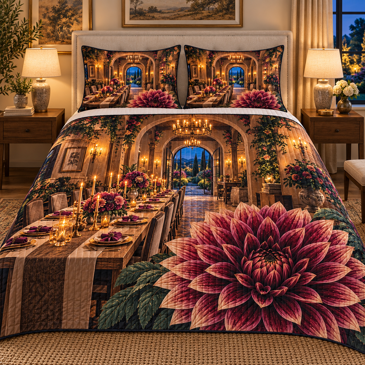 Dahlia Host Glow Quilted Bedding Set with printed optical 3D artwork in its use setting