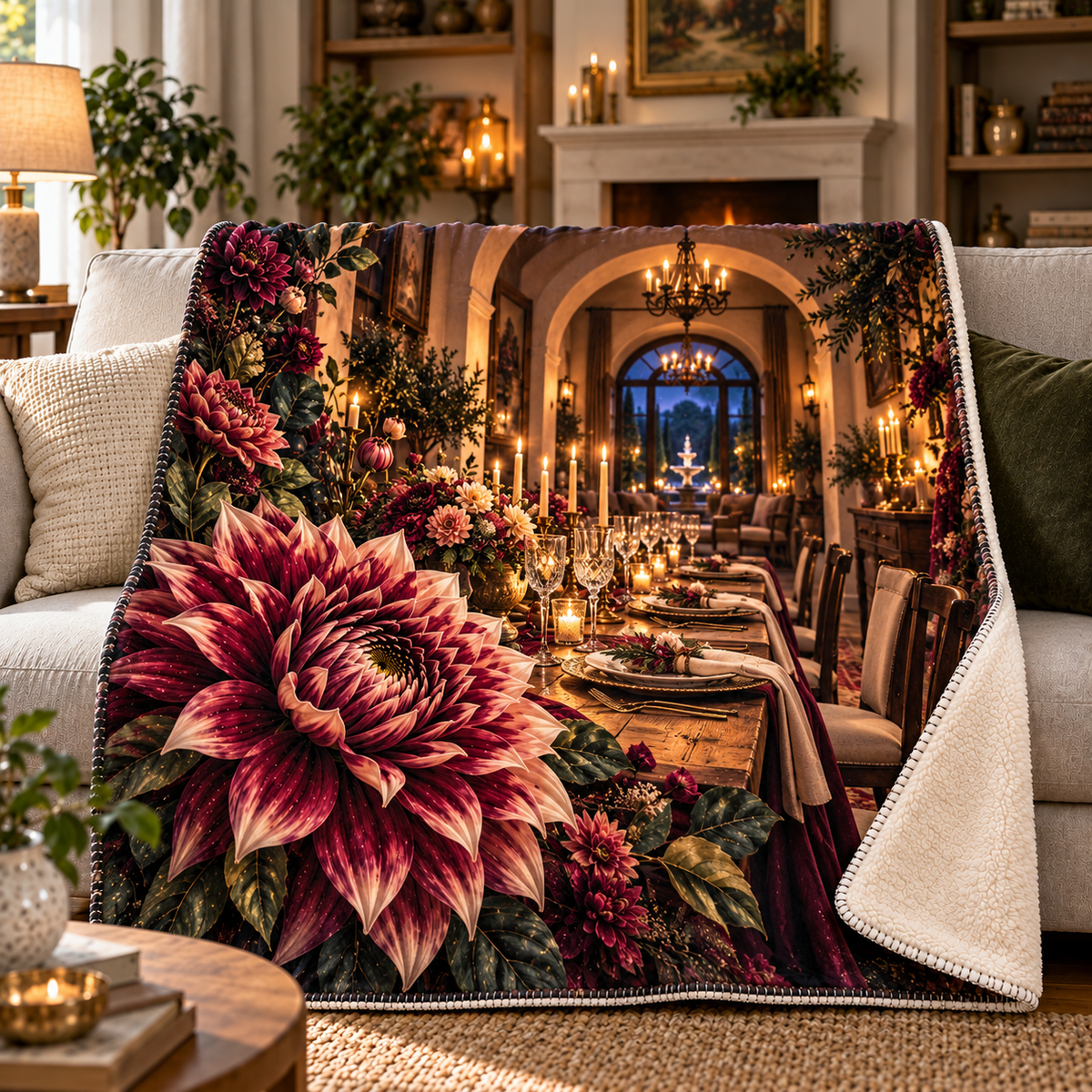 Dahlia Host Glow Sherpa & Fleece Blanket with printed optical 3D artwork in its use setting