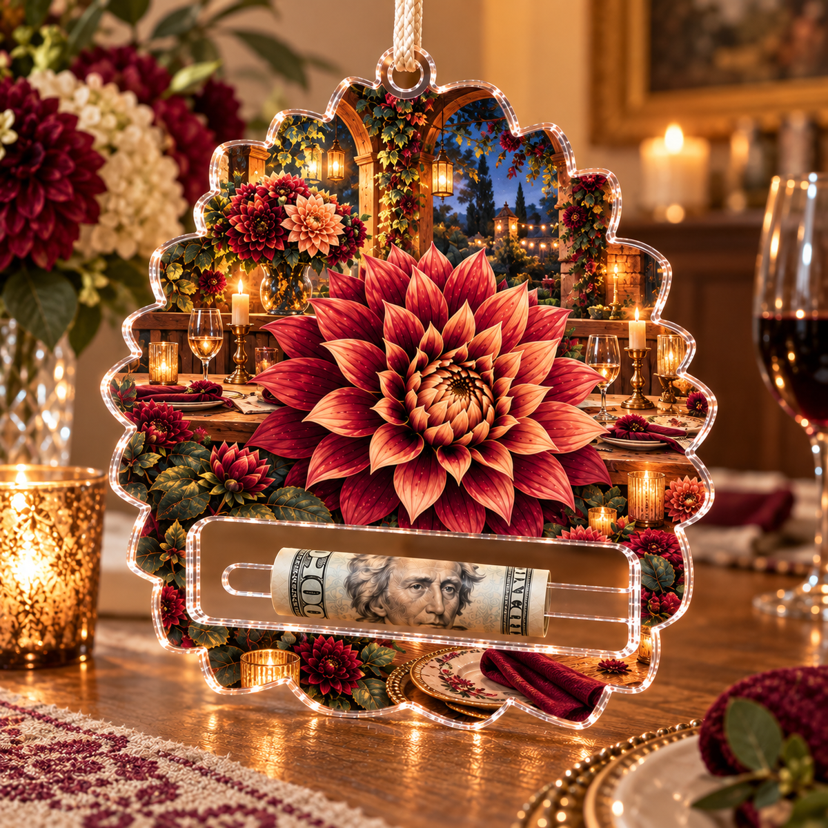 Dahlia Host Glow Acrylic Cash Holder Ornament with printed optical 3D artwork in its use setting