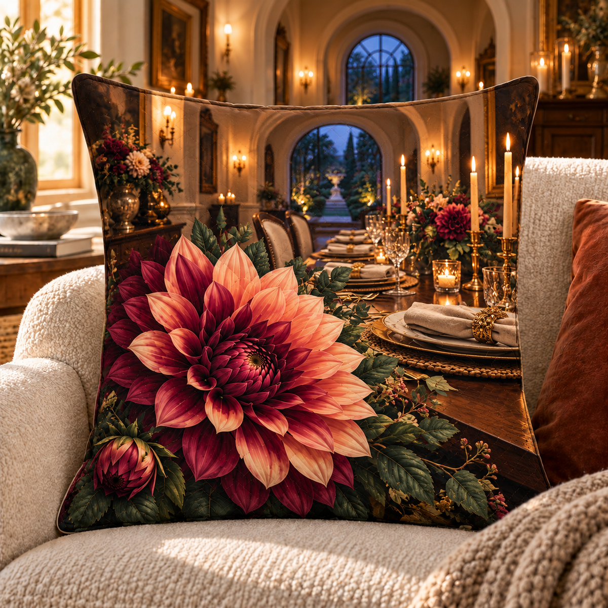 Dahlia Host Glow Quilted Cushion Cover with printed optical 3D artwork in its use setting