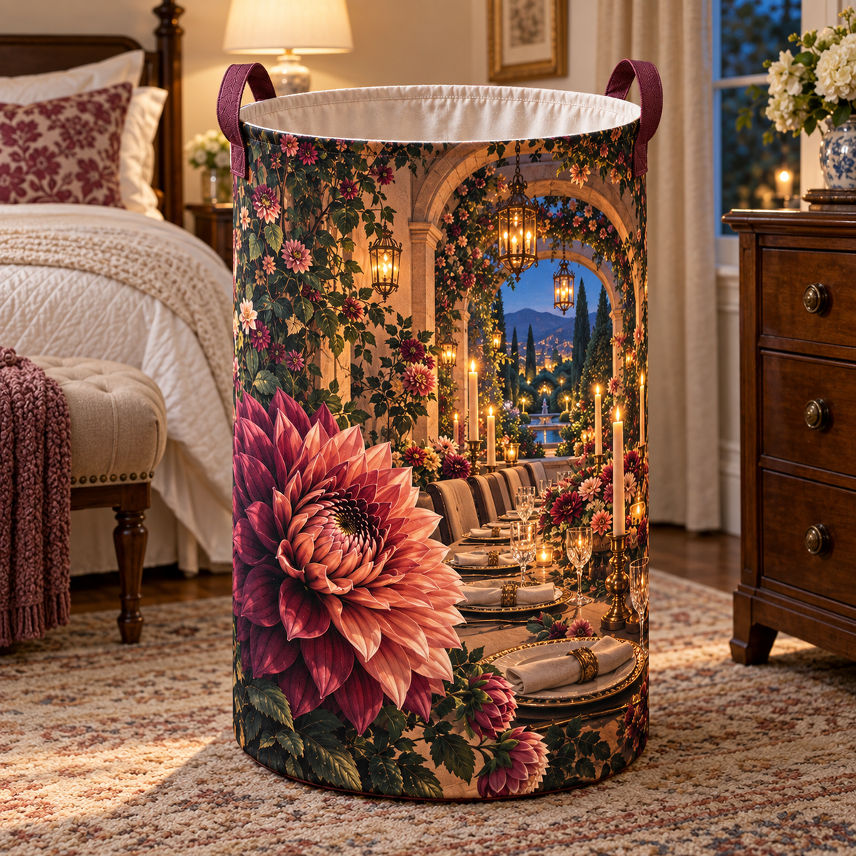 Dahlia Host Glow Laundry Hamper with printed optical 3D artwork in its use setting